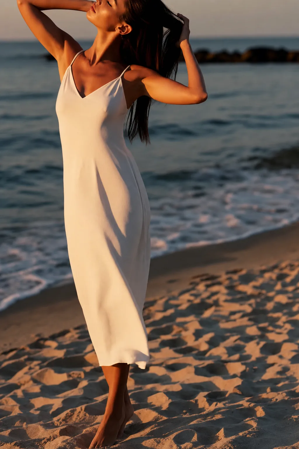 Paciente caminhando na praia ao entardecer, vestido branco — naturalidade e bem-estar após o cuidado com UP Max